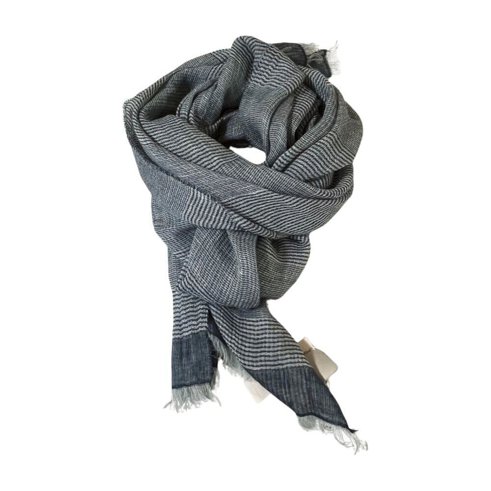 NWT SASSO + SMYTH Linen Blend Fringe Scarf Navy White Made in Italy
